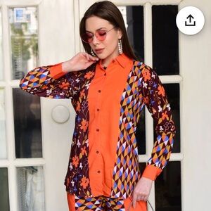 NWOT Colorful Mixed Print Floral and Geometric Button Up Shirt